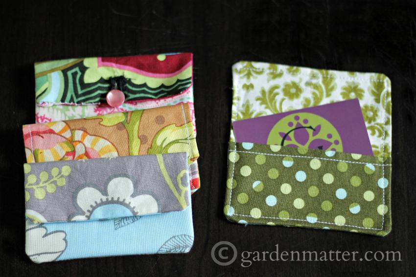 Learn how to make simple card holders from 5 in squares of coordinating fabric. Use for business cards or a gift card package.